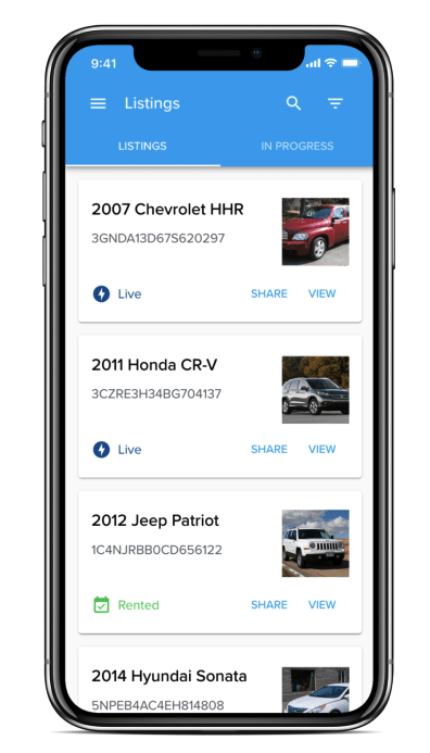 hyrecar app - view of cars available for rent