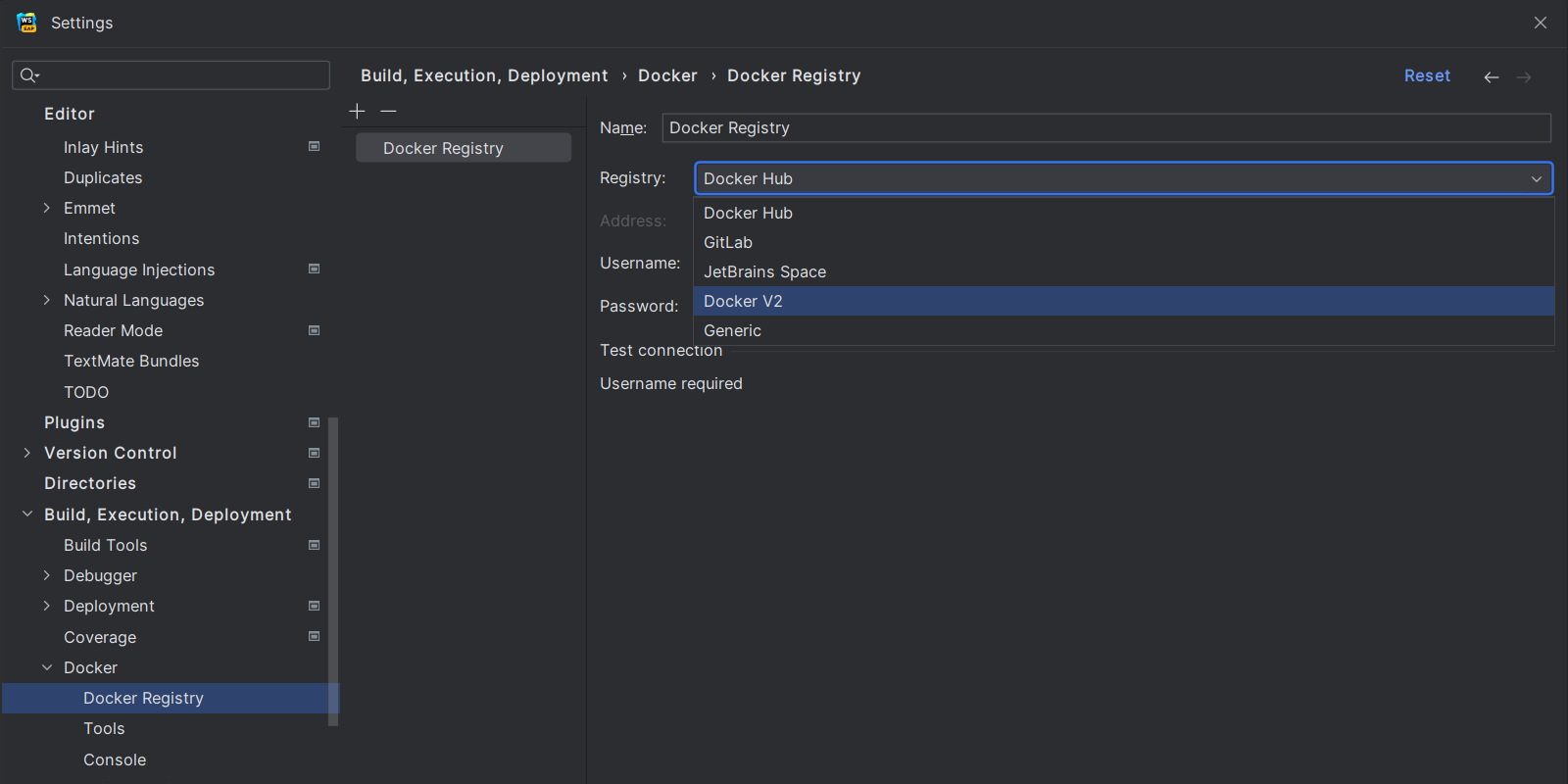 Showing the Docker V2 option available in the Registry input field