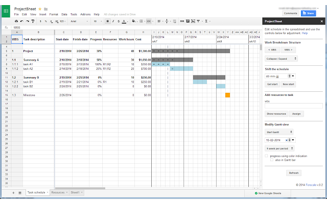 Screenshot of ProjectSheet planning