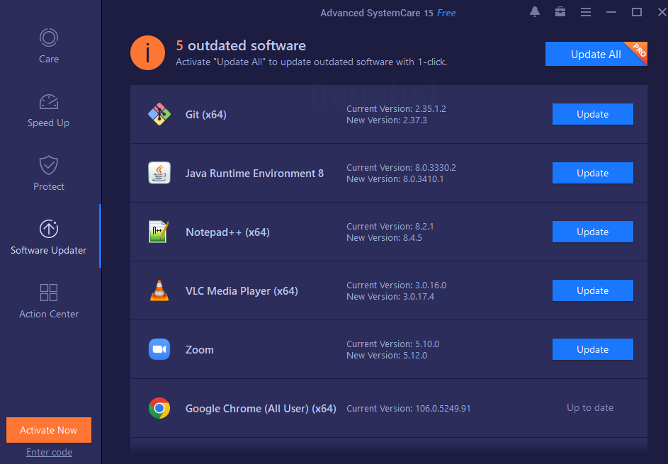 software updater option in Advanced SystemCare 15