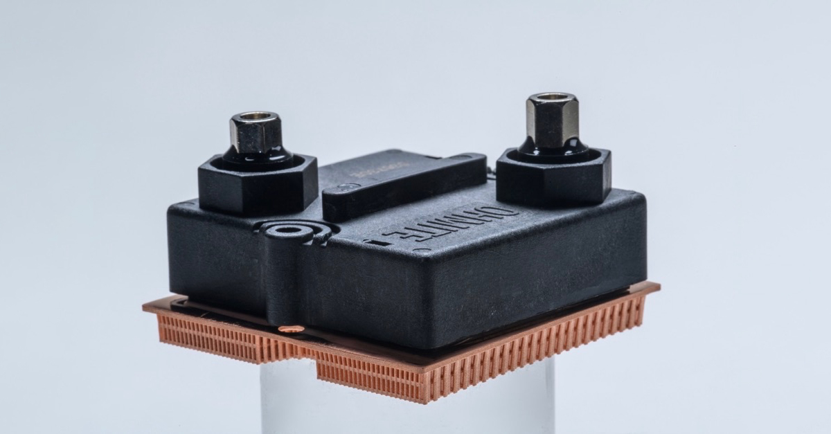 A high performance, pure copper heatsink 3D printed with Holo’s PureForm technology, and used to cool a power resistor intended for use in high power electric aviation applications. (Image: NASA Glenn Research Center)