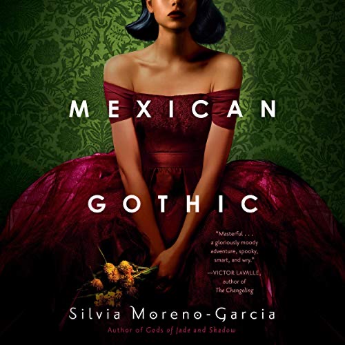The book cover of Mexican Gothic showing a young woman in a formal dress holding cut flowers.