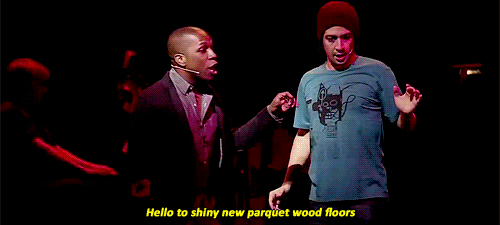 Gif from Tick...tick...Boom! with the caption "Hello to shiny new parquet book floors."