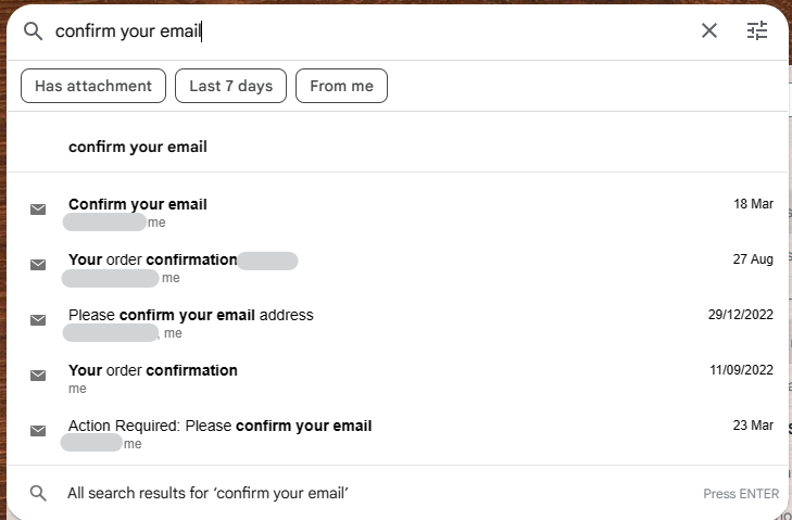 "confirm your email" in email search bar and results