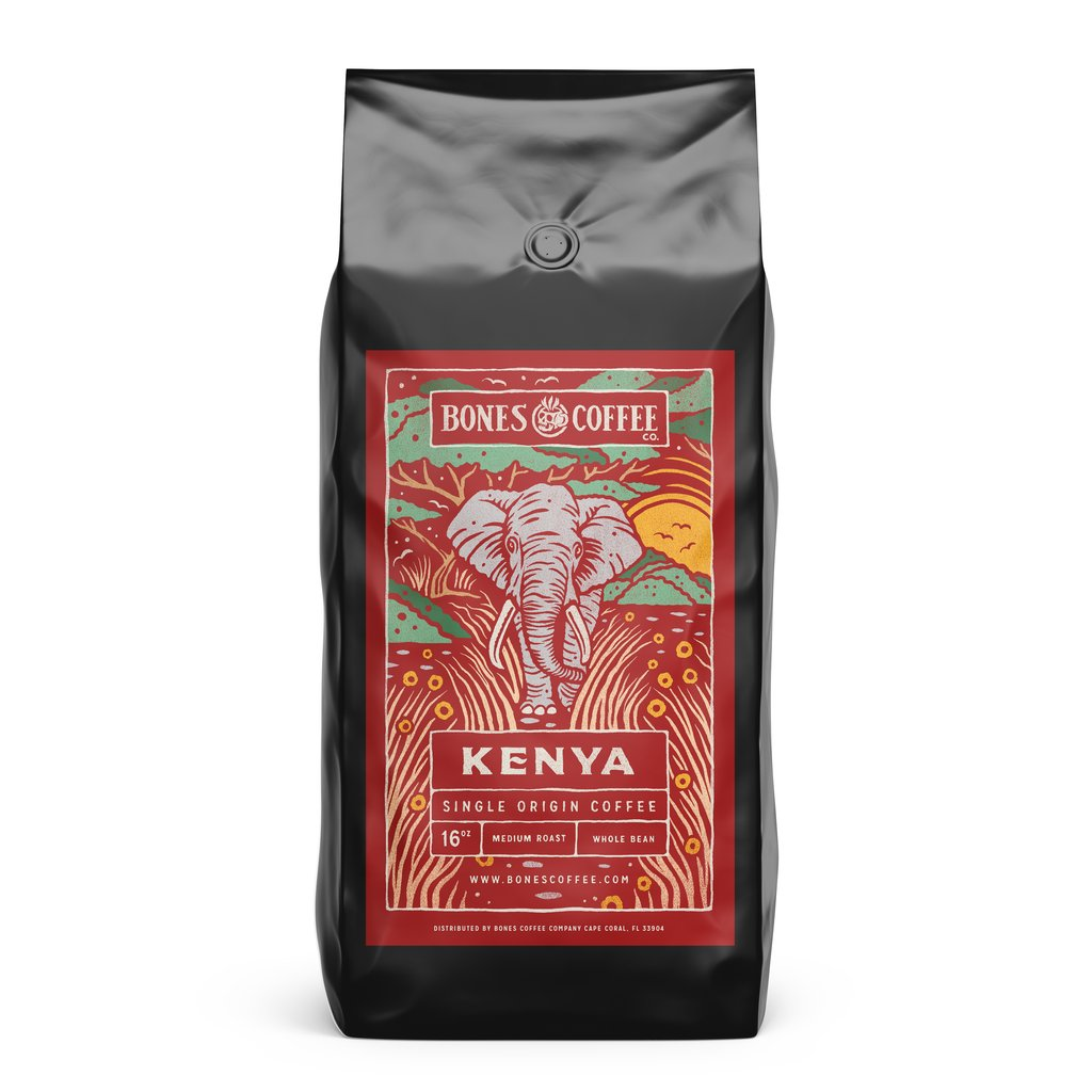 A 12 ounce bag of coffee from Kenya.