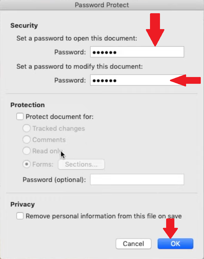 Screenshot of "Password Protect"dialog box for MS Word in macOS