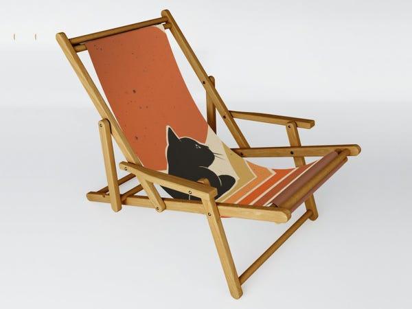 a wooden sling chair with a black cat printed on the brown seat