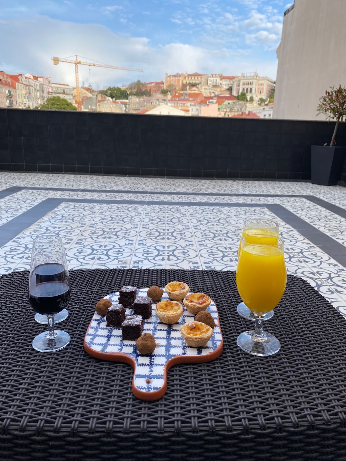 a plate of food and drinks on a table