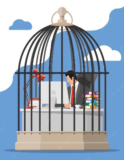 Premium Vector | Businessman working on computer in the bird cage. overworked business man in jail. stress at work. bureaucracy, paperwork, deadline and paperwork. vector illustration in flat style