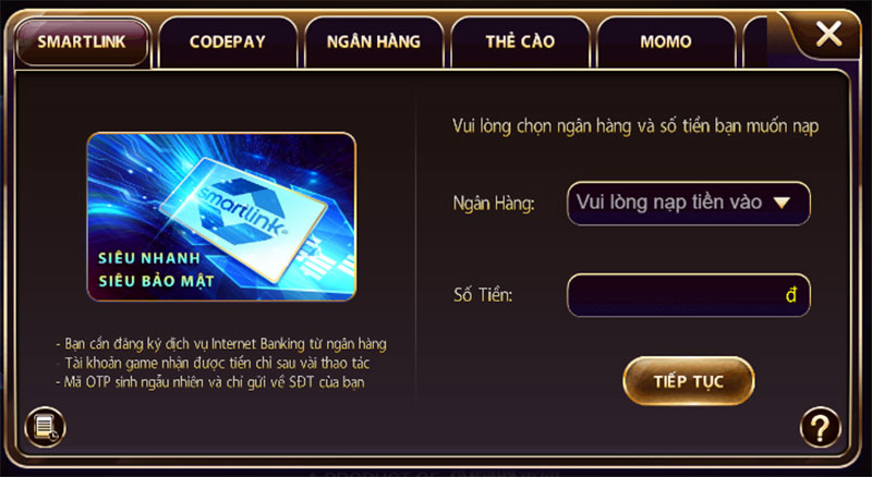 Giao diện nạp tiền tại cổng game uy tín May Club