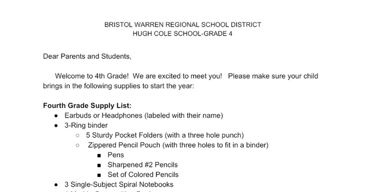 Grade 4 Supply List_Hugh Cole 2020 