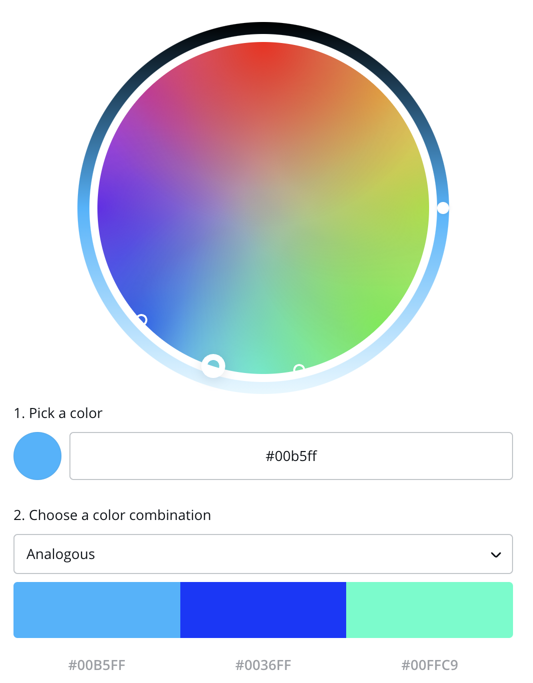 A color wheel showing an example of an analogous color scheme