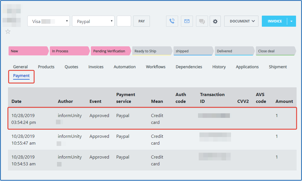Screenshot of the Deal card — information on transactions