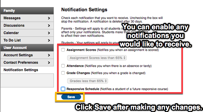 Screen shot of the notifications setting options as they appear in the web-based version when accessing Infinite Campus.