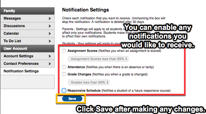 Infinite Campus Desktop Screen Shot Screen shot of the notifications setting options as they appear in the web-based version when accessing Infinite Campus.