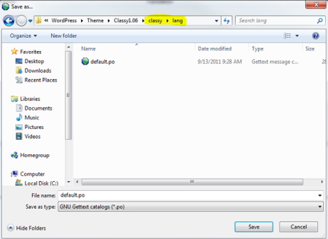save the default .po file