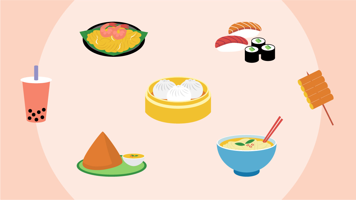 OXD illustration of Asian-inspired food and drink treats on a light pink background to support Asian Heritage Month 2022