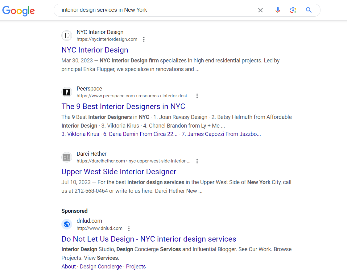 screenshot of a google search for interior designers in new york