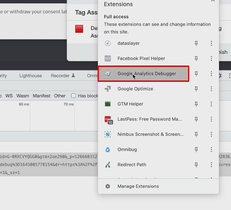 Accessing the Google Analytics Debugger from the extensions of the browser