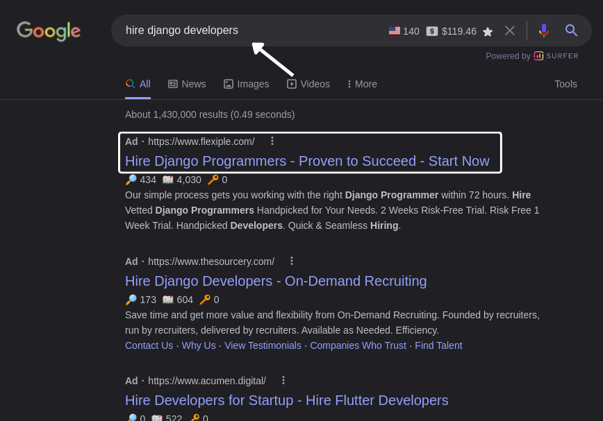 Screenshot of a Google ad to find more clients for web development