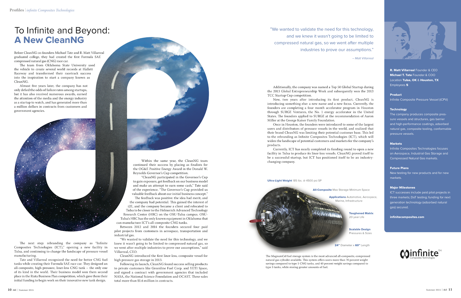 A image of the article posted in Innovators and Entrepreneurs Magazine discussing the name change from CleanNG to Infinite Coposites Technologies