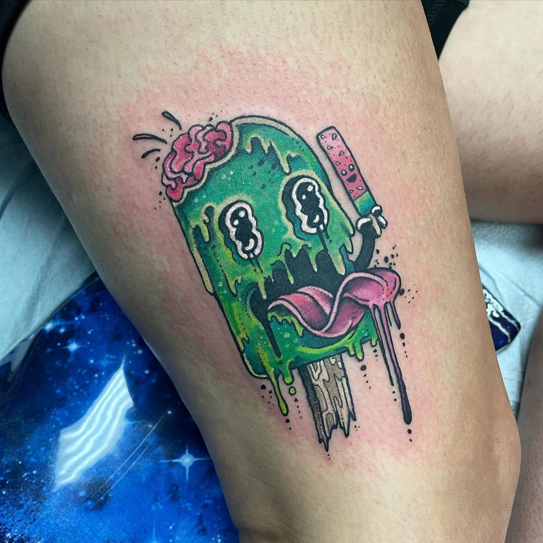 Green Ice Cream Zombie Tattoo On Leg
