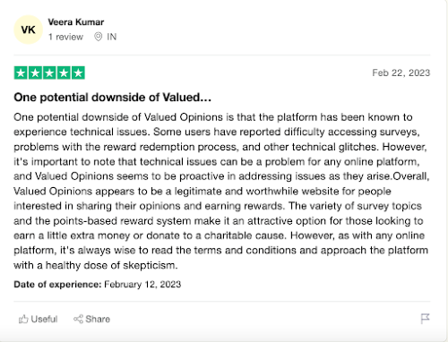 Highly positive Valued Opinions review found on Trustpilot consumer website. 