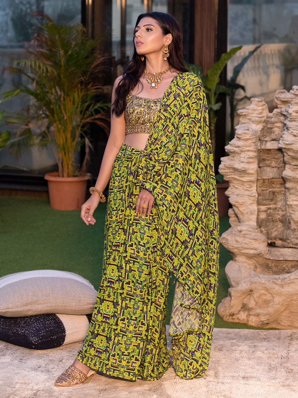 the loom - Green Printed Crepe Draped Saree