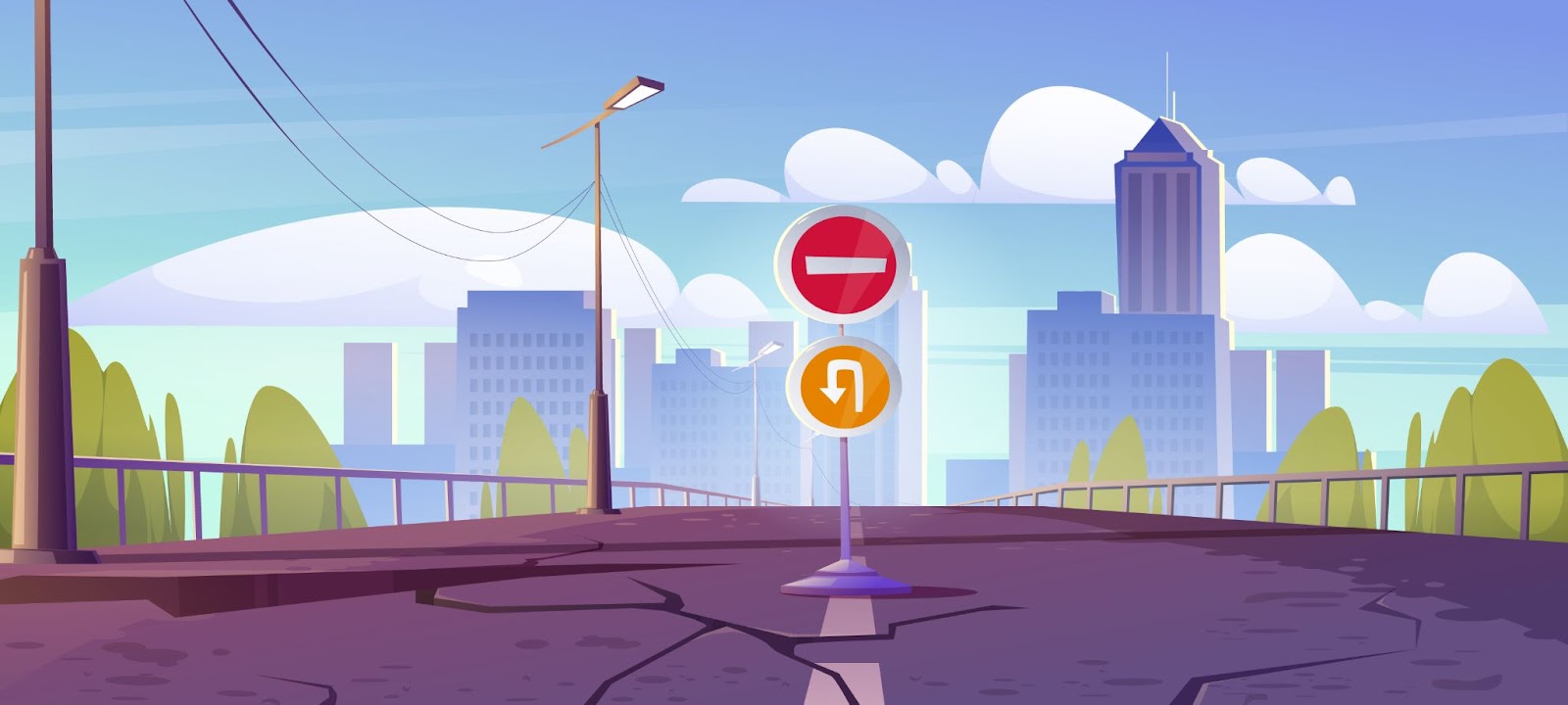 Cartoon of a broken bridge road with do not enter sign and u-turn sign in the middle.  City in the background. 