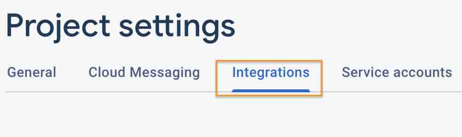 Google Firebase Project settings Integrations tab selected.
