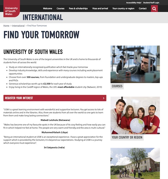 University of South Wales landing page
