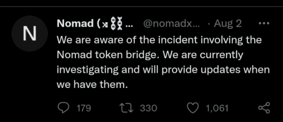 Nomad Cross-Chain Bridge ประสบกับการโจมตีแบบ Copy-Paste มูลค่า 190 ล้านดอลลาร์