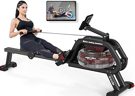 SNODE Water Rowing Machine with Bluetooth APP (Free Trainer-led Workout & Training Workout Record from snode only), Rower for Home Use, Heavy Duty Frame with 331Lbs Weight Capacity (Black)