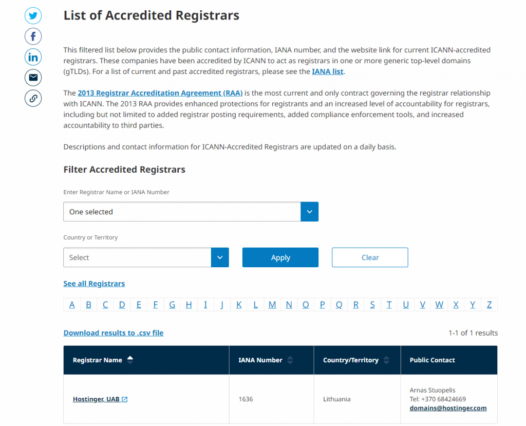 Hostinger dans la liste ICANN des bureaux d'enregistrement accrédités 
