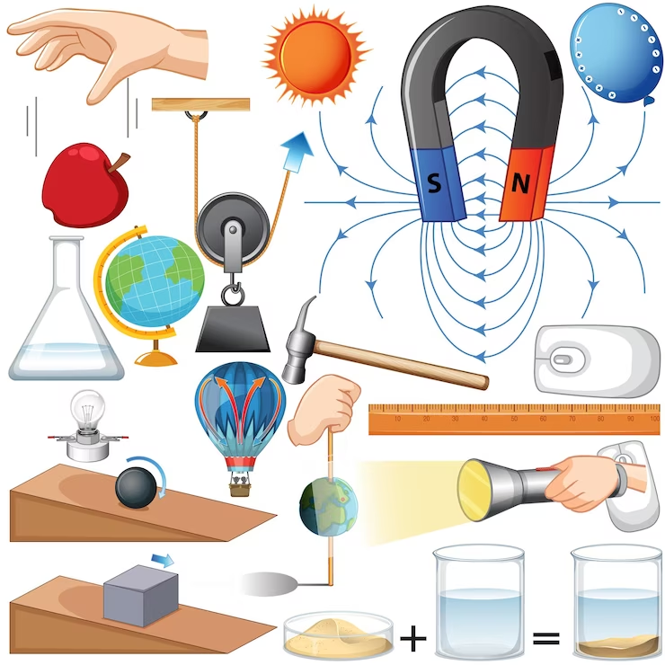 Various science equipment on a white background, representing the tools used in physics. 