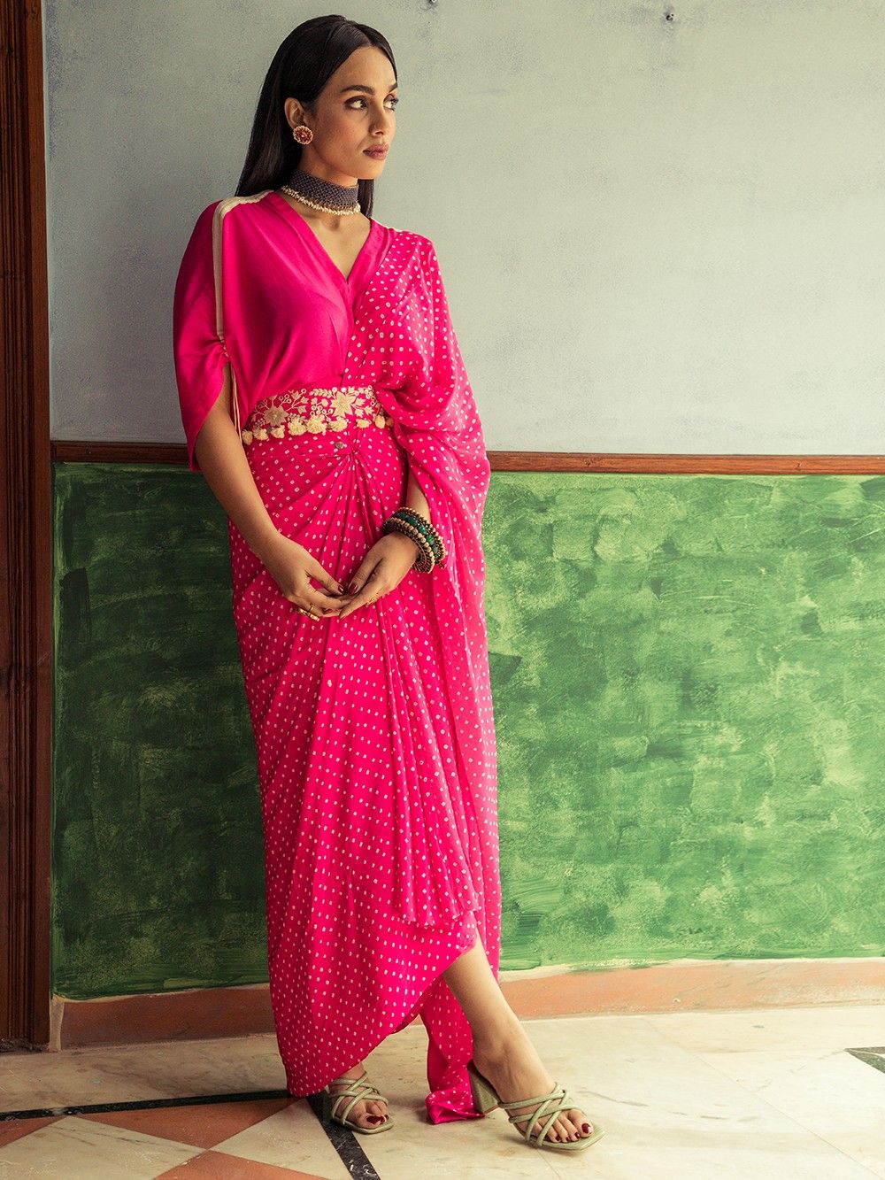 the loom - Pink Silk Leheriya Draped Saree