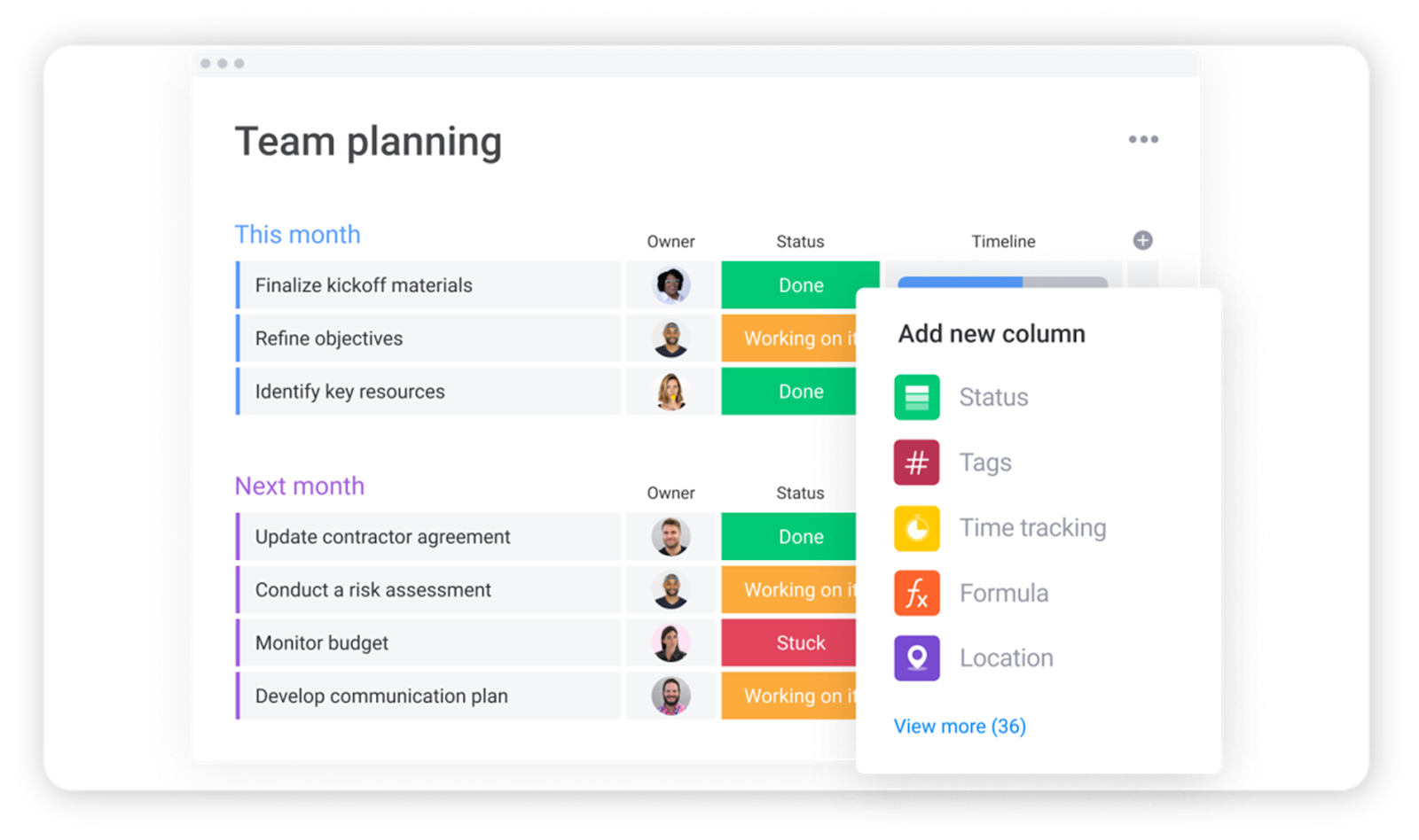 monday.com interface with team planning functionality