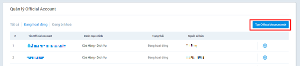  Click Tạo Official Account mới để tạo mới tài khoản