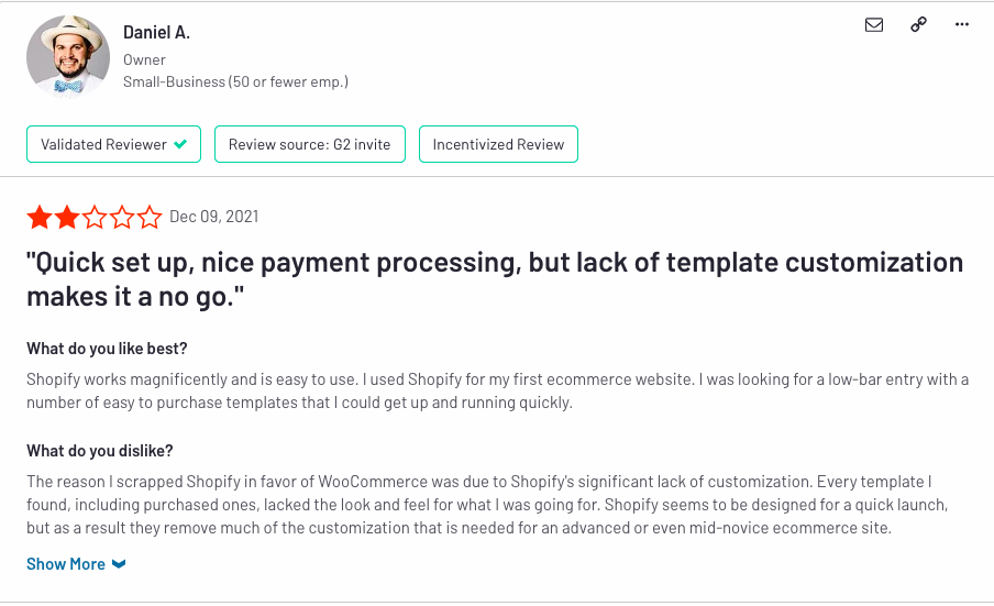 Shopify user review by business owner