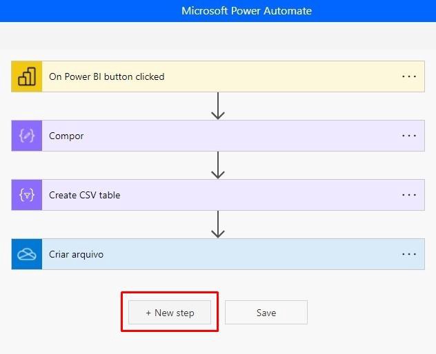Aba Microsoft Power Automate. Todas as seções estão preenchidas e o botão "New step" está selecionado.