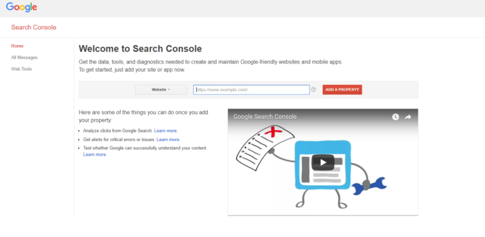 Google Search Engine Console: Google Search Engine Console start page