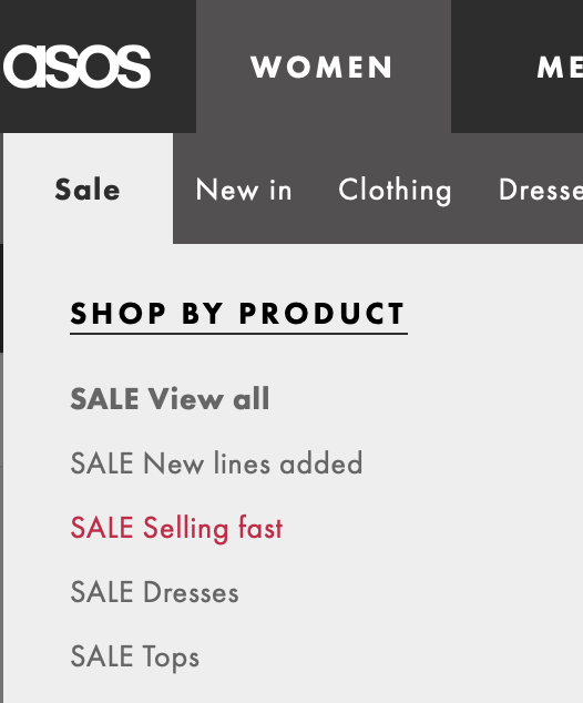 Image of the ASOS website navigation bar, under "Sale" where there is a tab that says "SALE selling fast".