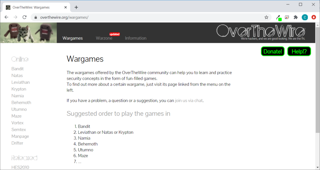 Screenshot from the OverTheWire wargames platform