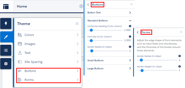 Experience Builder Theme menu: Buttons and Forms. 