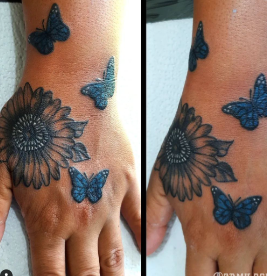 Blue Shaded Sunflower Tattoo Design On Hand