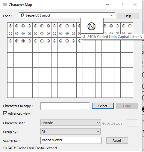 searching for Circled N symbols text in character map view