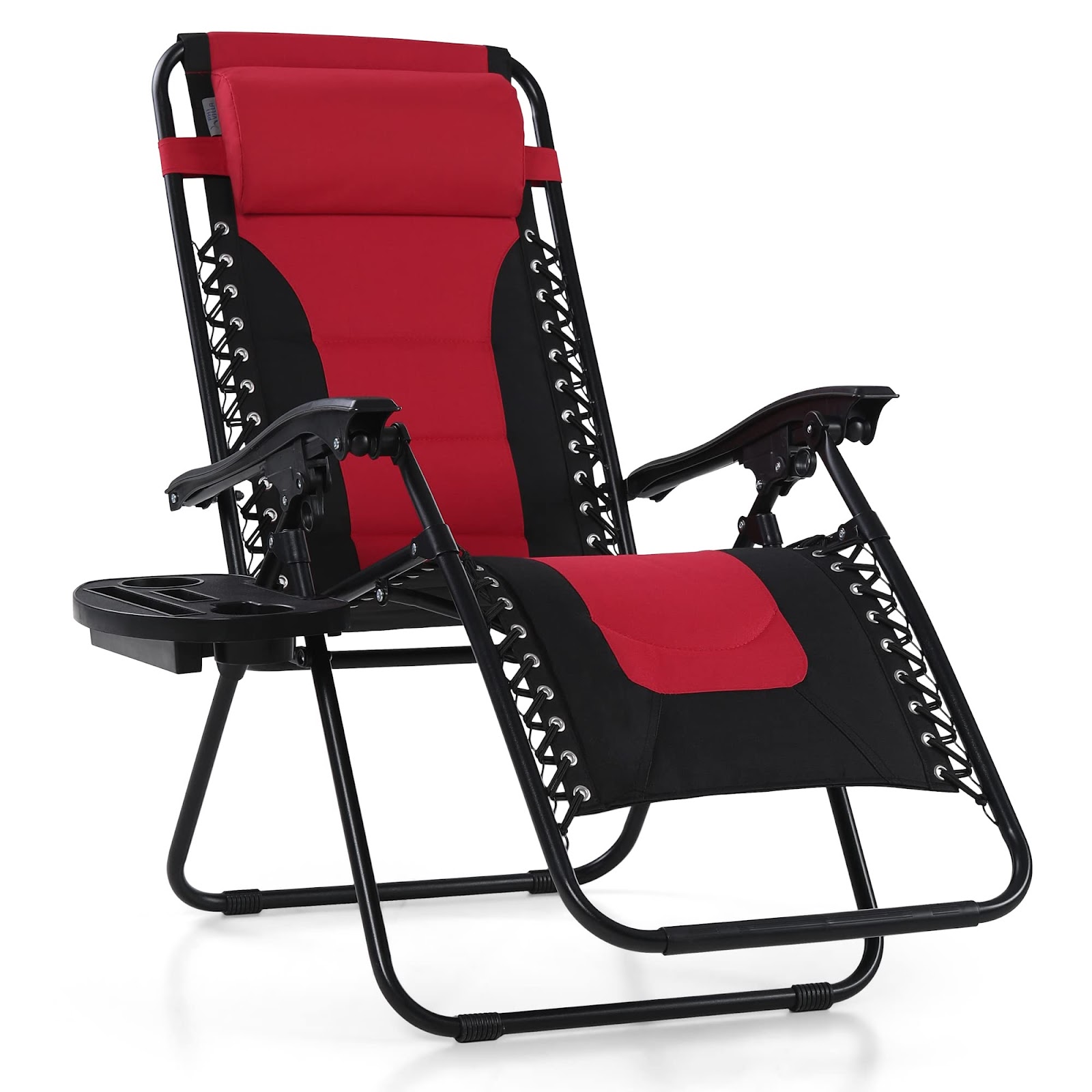 PHI VILLA Oversized Padded Zero Gravity Lounge Chair Folding Patio Recliner with Adjustable Headrest & Cup Holder, Support 350 LBS (Red) Red 1-Pack
