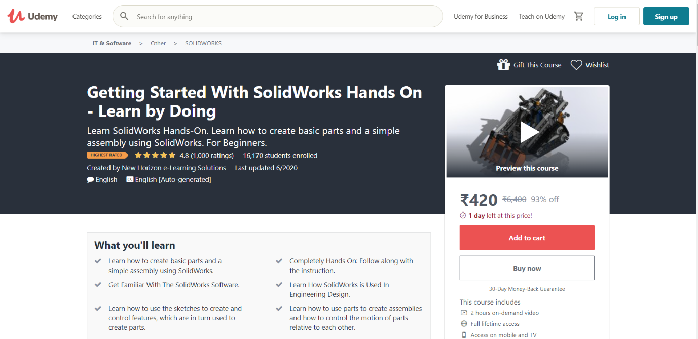 Getting Started with SolidWorks Hands On - Learn by Doing (Udemy)