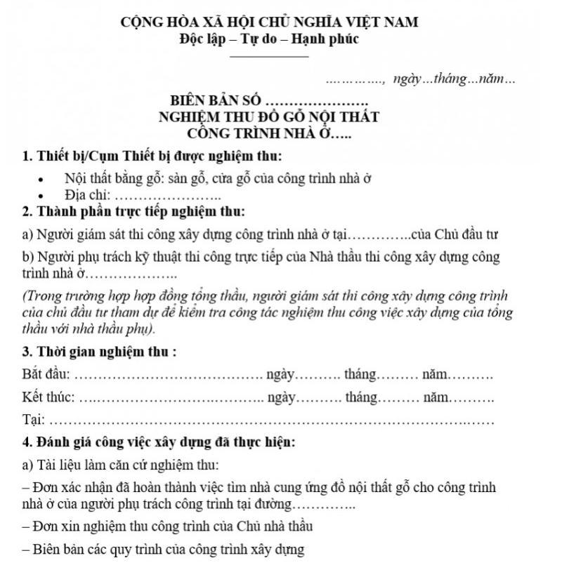 Mẫu biên bản nghiệm thu đồ gỗ nội thất công trình nhà ở