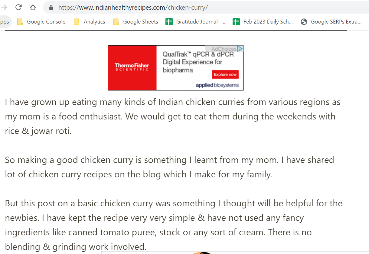 screenshot of a chicken curry recipe blog 